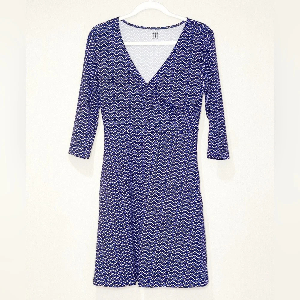 Title Nine Buttah Dream Wrap Dress Blue Pallay 3/4 Sleeve Zip Pockets Size Small